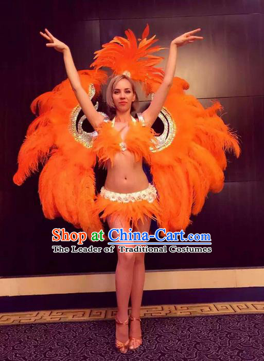 Top Grade Professional Performance Catwalks Bikini Swimsuit with Wings, Traditional Brazilian Rio Carnival Samba Modern Fancywork Orange Feather Clothing for Women