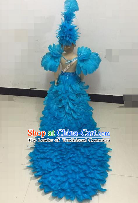 Top Grade Professional Performance Catwalks Feather Skirt, Traditional Brazilian Rio Carnival Samba Modern Fancywork Light Blue Feather Clothing for Kids