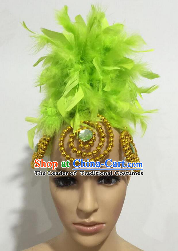 Top Grade Professional Stage Show Giant Headpiece Parade Hair Accessories, Brazilian Rio Carnival Samba Opening Dance Imperial Empress Green Feather Headwear for Women