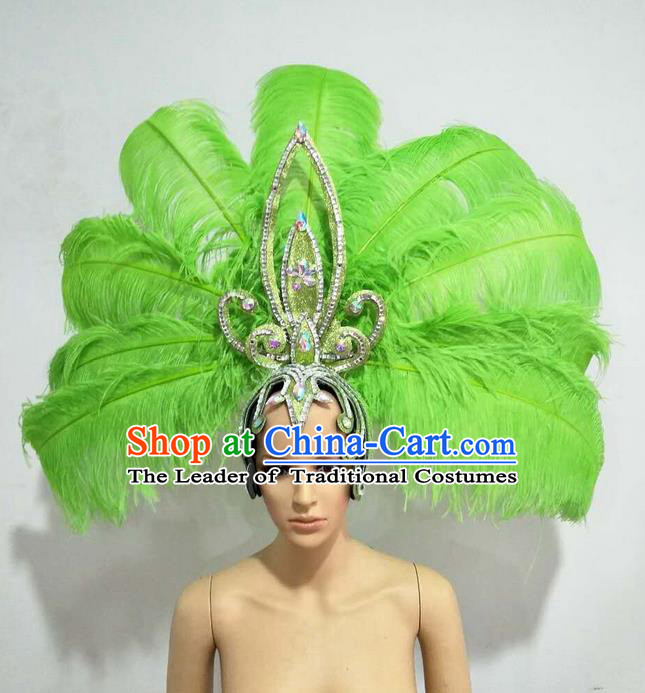 Top Grade Professional Stage Show Giant Headpiece Parade Big Hair Accessories Decorations, Brazilian Rio Carnival Samba Opening Dance Green Feather Headdresses for Women