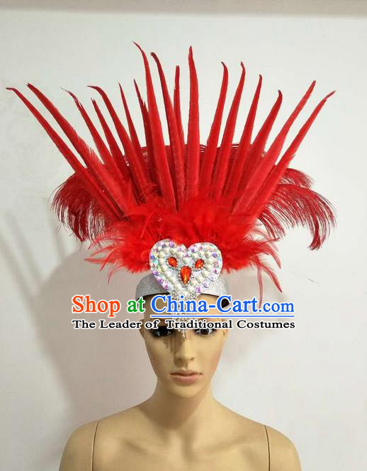 Top Grade Professional Stage Show Giant Headpiece Parade Hair Accessories Decorations, Brazilian Rio Carnival Samba Opening Dance Red Feather Hats for Women