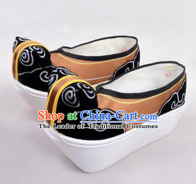 Chinese Ancient Peking Opera Scholar Young Men High Sole Shoes, Traditional China Beijing Opera Male Bronze Embroidered Shoes