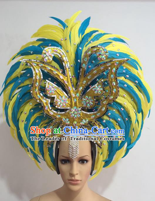 Top Grade Professional Stage Show Giant Headpiece Crystal Butterfly Feather Hair Accessories Decorations, Brazilian Rio Carnival Samba Opening Dance Headwear for Women