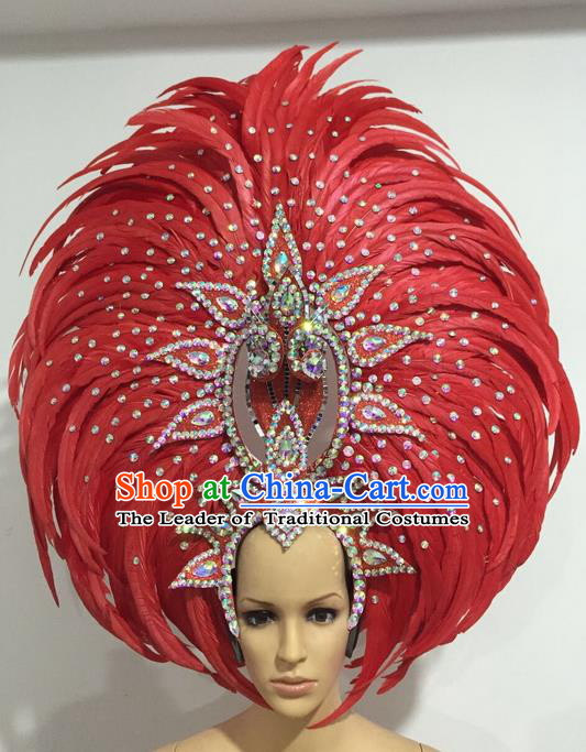 Top Grade Professional Stage Show Giant Headpiece Crystal Red Feather Hair Accessories Decorations, Brazilian Rio Carnival Samba Opening Dance Headwear for Women