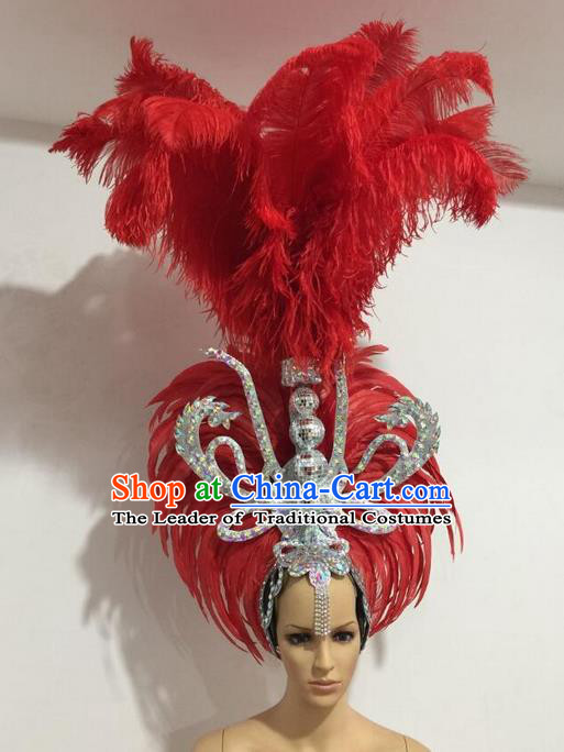Top Grade Professional Stage Show Giant Headpiece Parade Giant Red Feather Hair Accessories Decorations, Brazilian Rio Carnival Samba Opening Dance Headwear for Women