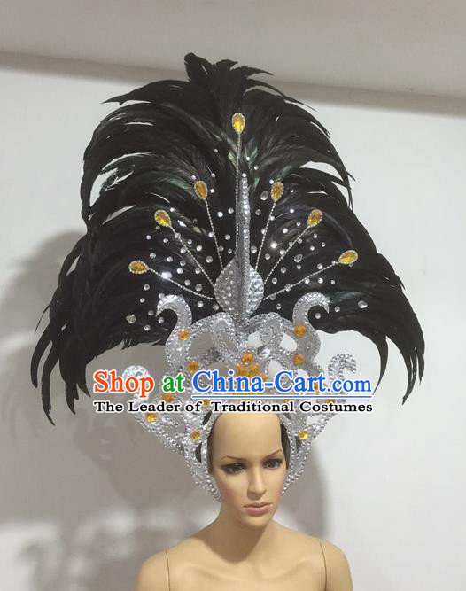 Top Grade Professional Stage Show Giant Headpiece Parade Giant Hair Accessories Black Feather Decorations, Brazilian Rio Carnival Samba Opening Dance Imperial Empress Headwear for Women