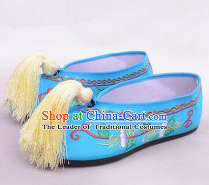 Chinese Ancient Peking Opera Young Lady Bride Embroidered Hua Tan Shoes, Traditional China Beijing Opera Princess Wedding Blue Embroidered Shoes