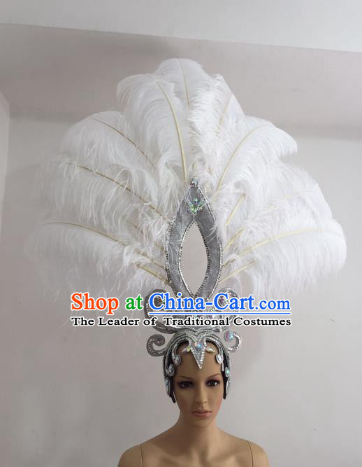 Top Grade Professional Stage Show Giant Headpiece Parade Giant Hair Accessories White Feather Decorations, Brazilian Rio Carnival Samba Opening Dance Imperial Empress Headwear for Women