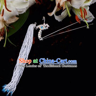 Chinese Ancient Peking Opera Hair Accessories Young Lady Diva Blue Long Tassel Phoenix Hairpins, Traditional Chinese Beijing Opera Hua Tan Colorful Crystal Head Ornaments