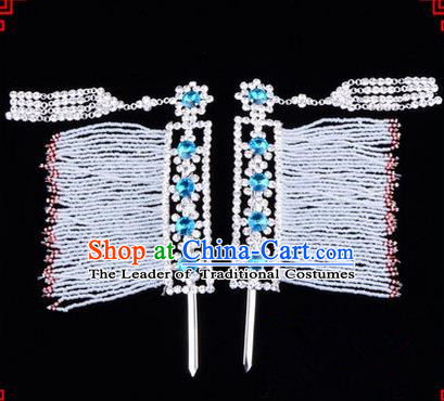 Chinese Ancient Peking Opera Hair Accessories Young Lady Diva Crystal Hairpins Blue Temples Curtain, Traditional Chinese Beijing Opera Hua Tan Head Ornaments