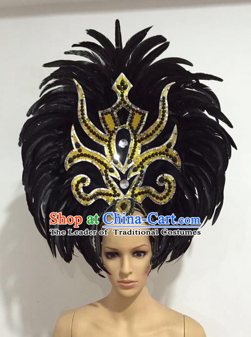 Top Grade Professional Stage Show Giant Headpiece Black Feather Big Hair Accessories Decorations, Brazilian Rio Carnival Samba Opening Dance Headwear for Women