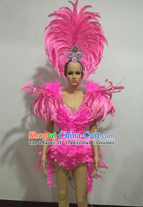 Top Grade Professional Performance Catwalks Swimsuit Costumes, Traditional Brazilian Rio Carnival Samba Suits Modern Fancywork Pink Feather Bikini Clothing for Women