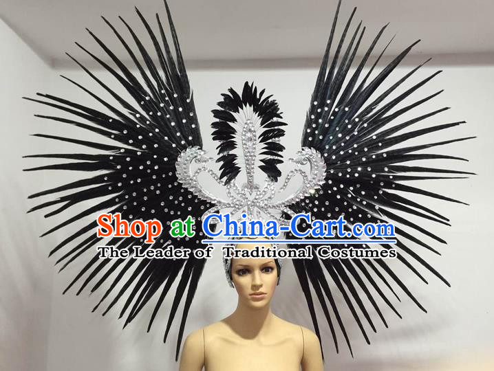 Top Grade Professional Stage Show Giant Headpiece Parade Hair Accessories Decorations, Brazilian Rio Carnival Samba Opening Dance Black Feather Headdress for Women