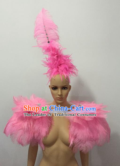 Top Grade Professional Stage Show Halloween Clothing and Headpiece Decorations, Brazilian Rio Carnival Samba Opening Dance Props Pink Feather Costumes for Women
