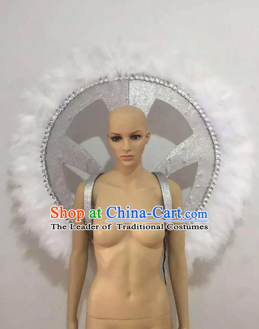 Top Grade Professional Stage Show Halloween Props Decorations, Brazilian Rio Carnival Parade Samba Opening Dance White Feather Round Backplane for Women