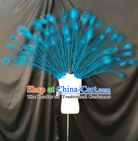 Top Grade Professional Stage Show Halloween Props Wings, Brazilian Rio Carnival Parade Samba Dance Modern Fancywork Blue Feather Backplane for Kids