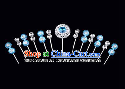 Chinese Ancient Peking Opera Hair Accessories Young Lady Headwear Complete Set, Traditional Chinese Beijing Opera Head Ornaments Hua Tan Crystal Blue Hairpins