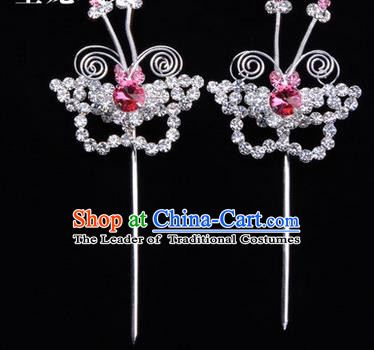 Chinese Ancient Peking Opera Hair Accessories Young Lady Diva Butterfly Pink Headwear, Traditional Chinese Beijing Opera Head Ornaments Hua Tan Crystal Hairpins