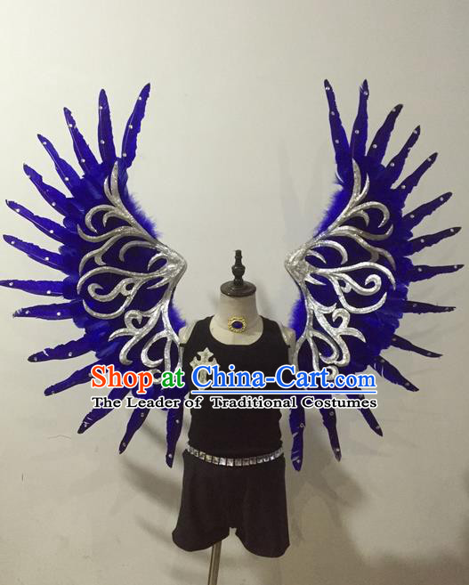 Top Grade Professional Stage Show Halloween Parade Props Decorations Wings, Brazilian Rio Carnival Parade Samba Dance Blue Wings for Kids