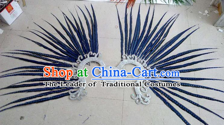Top Grade Professional Stage Show Halloween Props Decorations, Brazilian Rio Carnival Parade Samba Dance Blue Feather Catwalks Backplane for Women