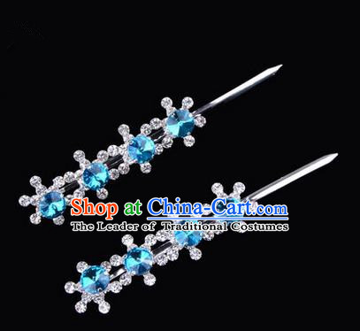 Chinese Ancient Peking Opera Hair Accessories Young Lady Diva Head Ornaments, Traditional Chinese Beijing Opera Hua Tan Blue Crystal Four Beads Hairpins