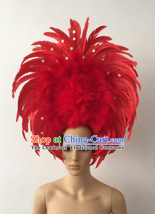 Top Grade Professional Stage Show Halloween Parade Red Feather Deluxe Hair Accessories, Brazilian Rio Carnival Parade Samba Dance Catwalks Headwear for Women