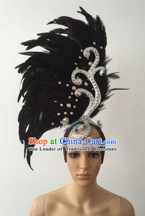 Top Grade Professional Stage Show Halloween Parade Black Feather Deluxe Hair Accessories, Brazilian Rio Carnival Parade Samba Dance Catwalks Headwear for Women