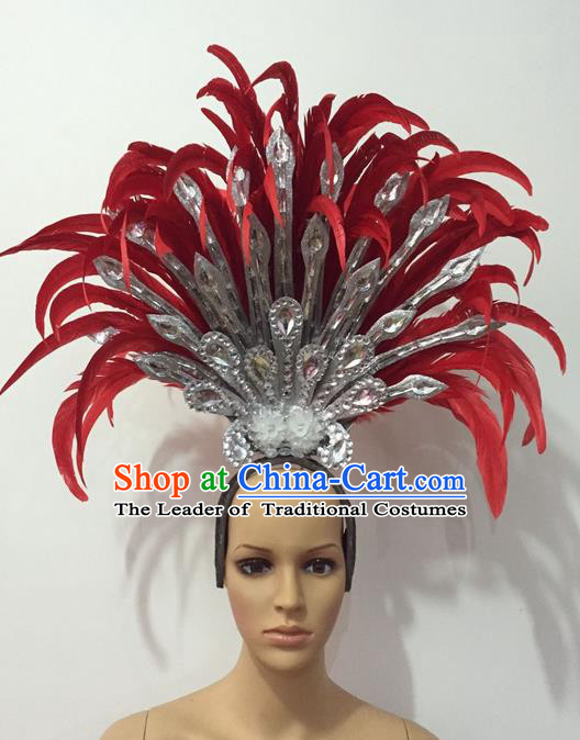 Top Grade Professional Stage Show Halloween Parade Red Feather Extravagant Brazilian Rio Carnival Parade Samba Dance Headpiece for Women