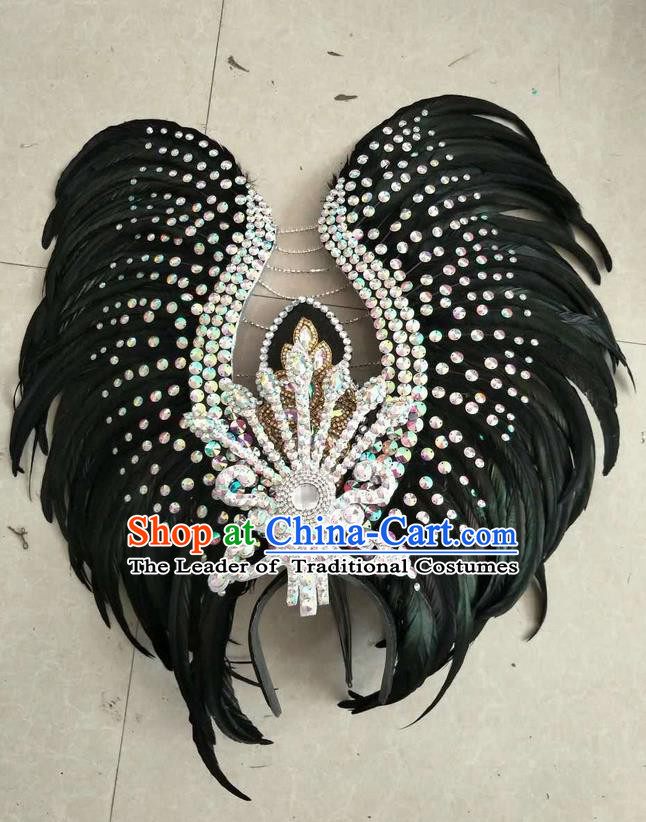 Top Grade Professional Stage Show Halloween Parade Exaggerated Black Feather Hair Accessories, Brazilian Rio Carnival Samba Dance Headwear for Women