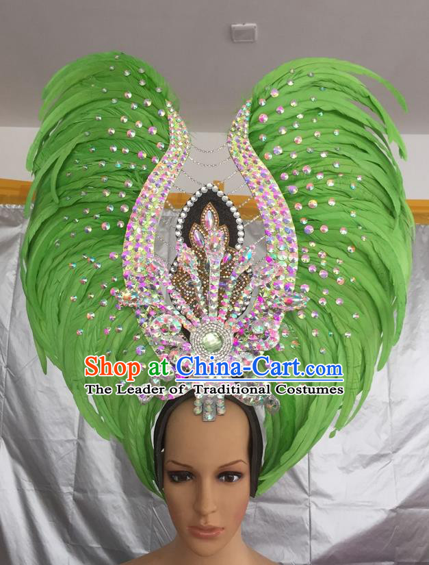 Top Grade Professional Stage Show Halloween Parade Exaggerated Green Feather Hair Accessories, Brazilian Rio Carnival Samba Dance Headwear for Women
