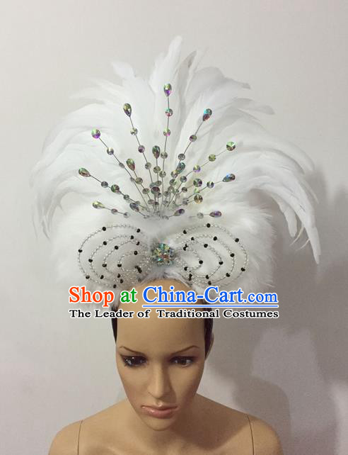 Top Grade Professional Stage Show Halloween Parade White Feather Hair Accessories, Brazilian Rio Carnival Samba Dance Crystal Headwear for Women
