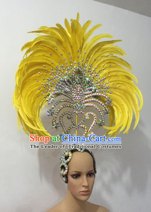Top Grade Professional Stage Show Halloween Parade Yellow Feather Hair Accessories, Brazilian Rio Carnival Samba Dance Crystal Headwear for Women