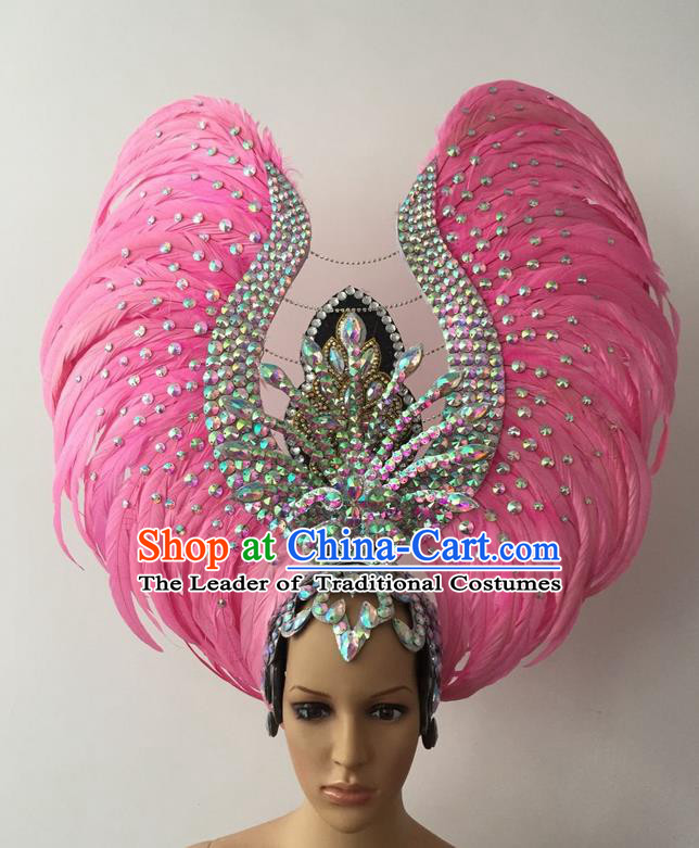 Top Grade Professional Stage Show Halloween Parade Pink Feather Deluxe Hair Accessories, Brazilian Rio Carnival Samba Dance Modern Fancywork Headwear for Women