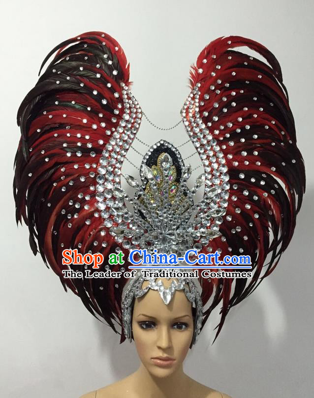 Top Grade Professional Stage Show Halloween Parade Black Red Feather Deluxe Hair Accessories, Brazilian Rio Carnival Samba Dance Modern Fancywork Headwear for Women