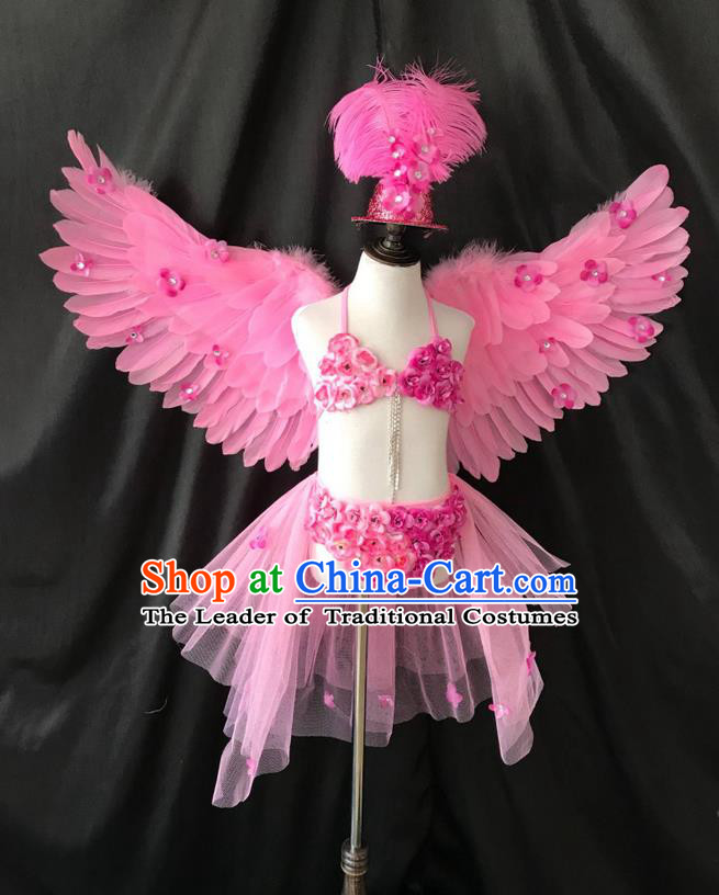 Top Grade Professional Performance Catwalks Bikini Costume and Headpiece, Traditional Brazilian Rio Carnival Samba Modern Fancywork Pink Feather Swimsuit for Kids