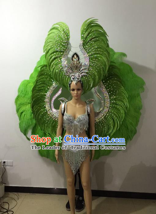 Top Grade Professional Performance Catwalks Bikini Wings Costume and Headpiece, Traditional Brazilian Rio Carnival Samba Modern Fancywork Green Feather Swimsuit for Women