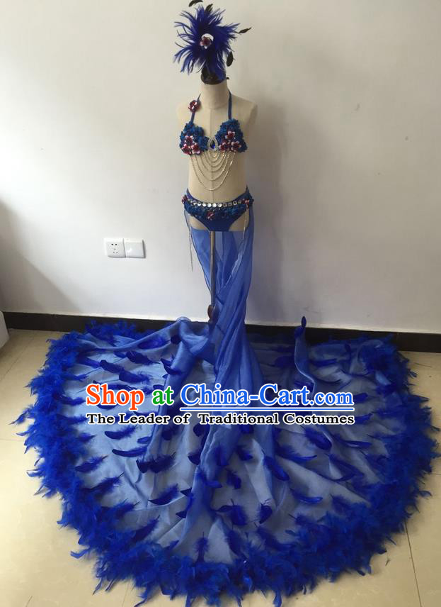 Top Grade Professional Performance Catwalks Bikini Costume and Headpiece, Traditional Brazilian Rio Carnival Samba Modern Fancywork Blue Feather Trailing Swimsuit for Kids