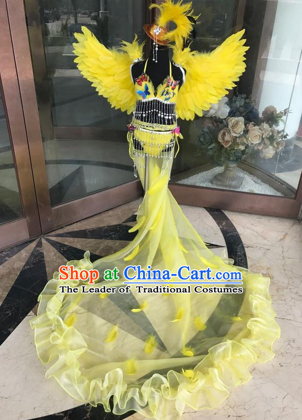 Top Grade Professional Performance Catwalks Costume Yellow Feather Bikini with Wings, Traditional Brazilian Rio Carnival Samba Dance Modern Fancywork Swimsuit Clothing for Kids