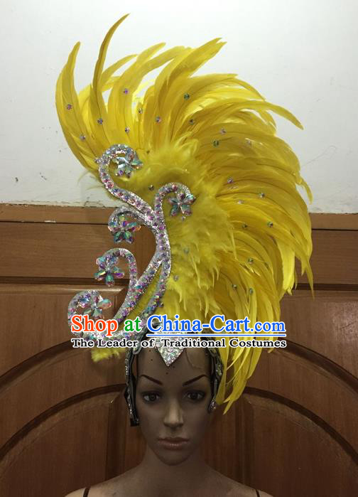 Top Grade Brazilian Rio Carnival Samba Dance Hair Accessories, Halloween Parade Giant Yellow Feather Headpiece for Women