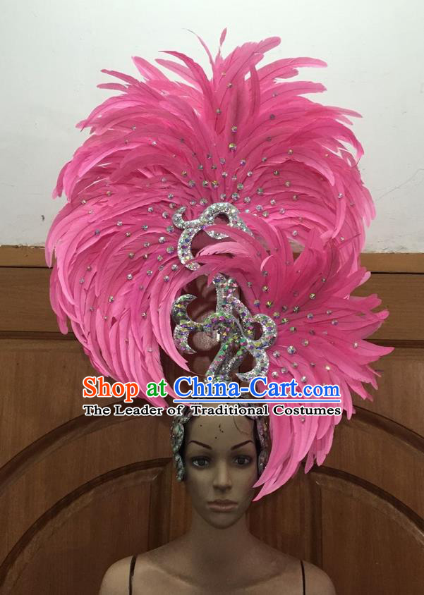 Top Grade Professional Stage Show Halloween Parade Big Hair Accessories, Brazilian Rio Carnival Samba Dance Modern Fancywork Pink Feather Giant Headpiece for Kids