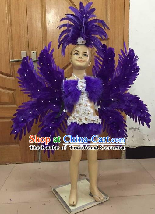 Top Grade Professional Performance Catwalks Costume Purple Feather Bikini with Wings, Traditional Brazilian Rio Carnival Samba Dance Modern Fancywork Clothing and Headpiece for Kids