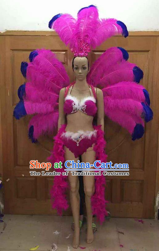 Top Grade Professional Performance Catwalks Costume Rosy Feather Bikini with Wings, Traditional Brazilian Rio Carnival Samba Dance Clothing and Headpiece for Women