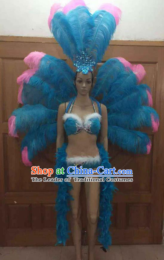 Top Grade Professional Performance Catwalks Costume Blue Feather Bikini with Wings, Traditional Brazilian Rio Carnival Samba Dance Clothing and Headpiece for Women
