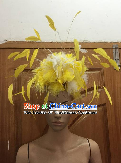 Top Grade Professional Stage Show Halloween Parade Hair Accessories, Brazilian Rio Carnival Samba Dance Modern Fancywork Yellow Feather Giant Headwear for Women