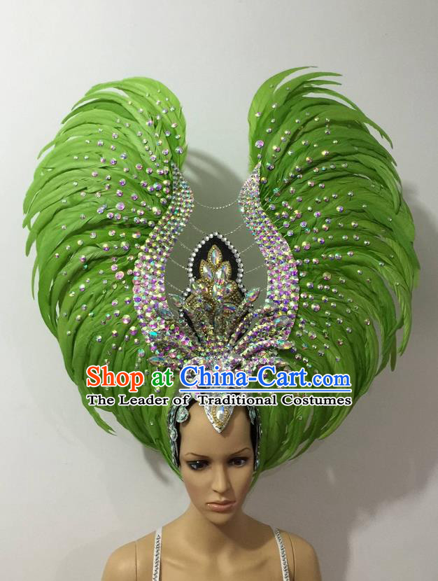 Top Grade Brazilian Rio Carnival Samba Dance Hair Accessories Headwear, Halloween Parade Green Feather Headpiece for Women