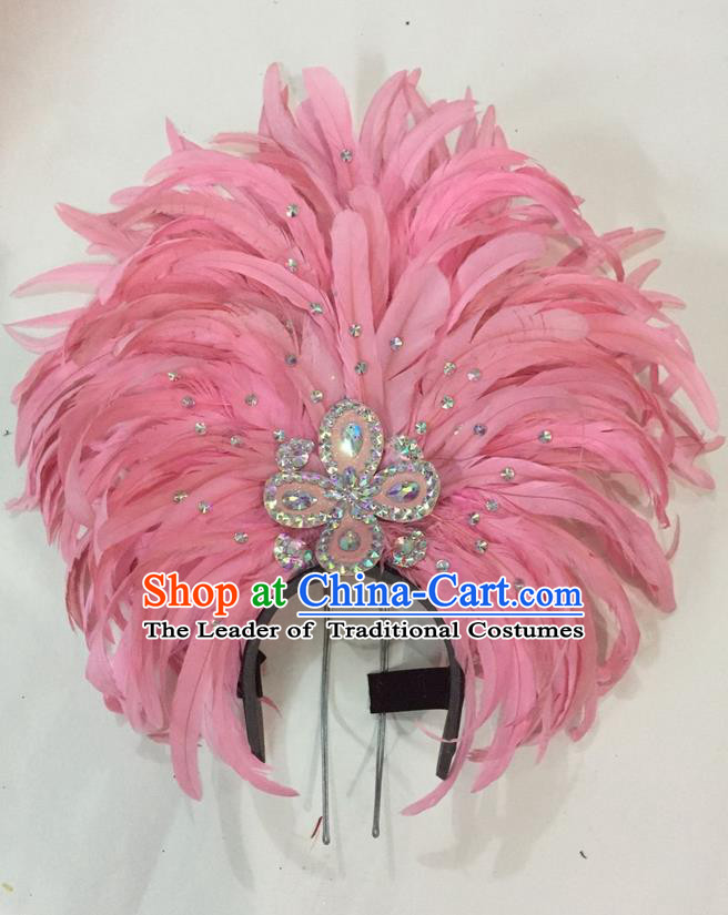 Top Grade Brazilian Rio Carnival Samba Dance Hair Accessories Giant Headpiece Headwear, Halloween Parade Big Pink Feather Headdress for Women