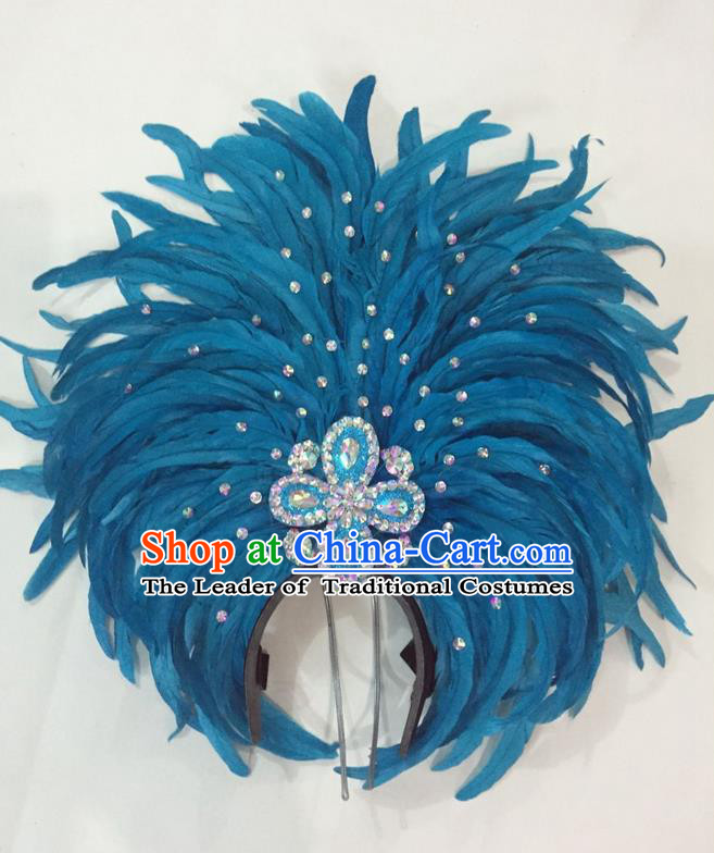 Top Grade Brazilian Rio Carnival Samba Dance Hair Accessories Giant Headpiece Headwear, Halloween Parade Big Blue Feather Headdress for Women