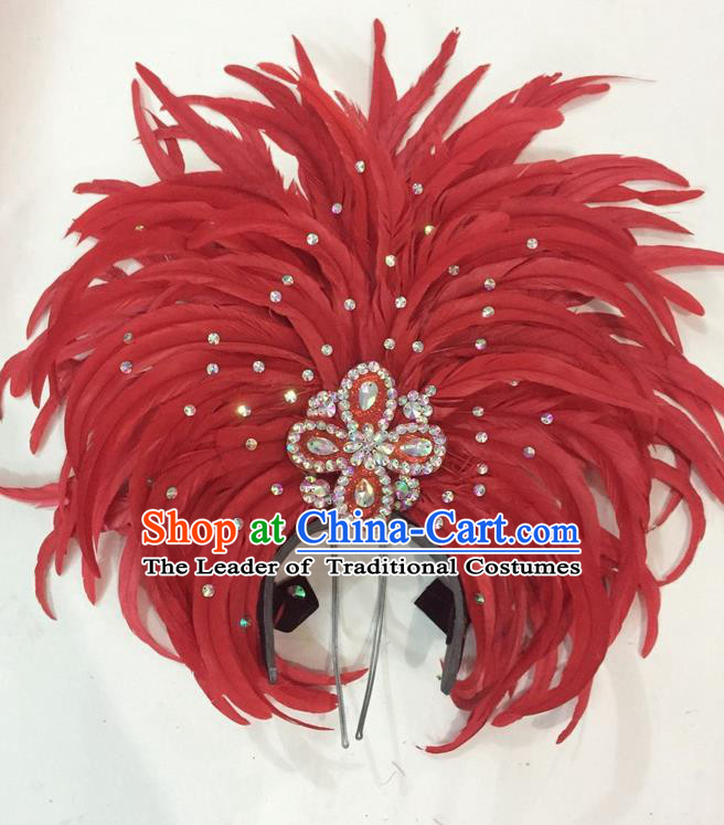 Top Grade Brazilian Rio Carnival Samba Dance Hair Accessories Giant Headpiece Headwear, Halloween Parade Big Red Feather Headdress for Women