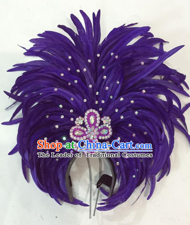 Top Grade Brazilian Rio Carnival Samba Dance Hair Accessories Giant Headpiece Headwear, Halloween Parade Big Purple Feather Headdress for Women