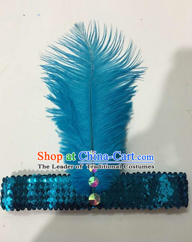Top Grade Brazilian Rio Carnival Samba Dance Blue Feather Hair Accessories Headpiece, Halloween Parade Crystal Headwear for Women
